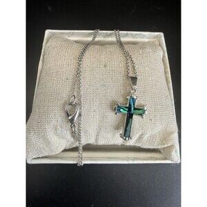 Vintage Avon Signed Silver Tone Inlaid Abalone Cross Pendant Chain Necklace 16”
